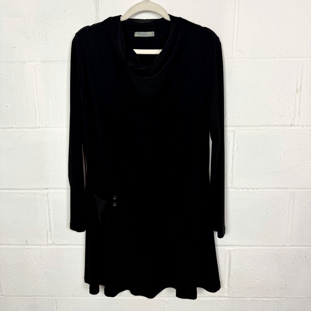 Chalet et Ceci Mini Dress Black Knit Drop Waist Cowl Neck Lagenlook GoGo Vibes S